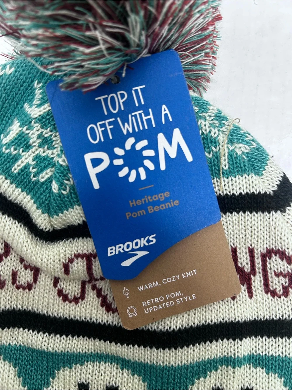 Brooks Teal, Maroon & Cream Knit Pom Beanie snowman